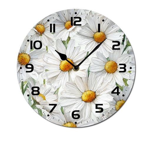 ZXCXRQFa Daisy Wildflowers Flower Wall-Clock for Girls Bedroom Analog Battery Operated 10 Inch - Round Wood Wall Clock Silent Non-Ticking Bathroom Bedroom Decor