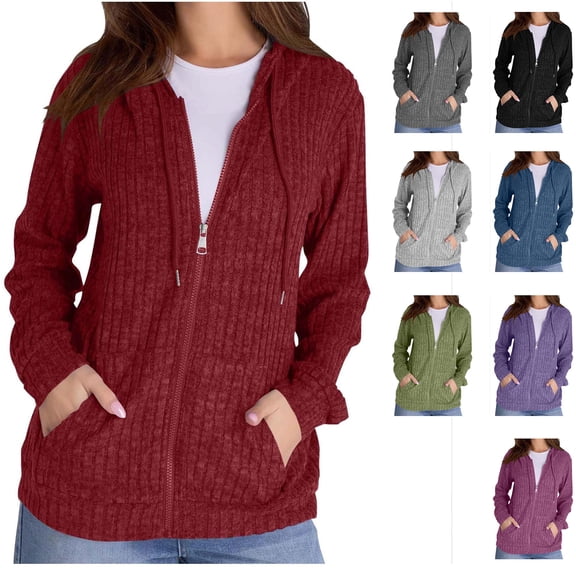 fatyb Womens Knitted Zip up Hoodies Casual Drawstring Long Sleeve Lightweight Sweater Jacket with Pockets