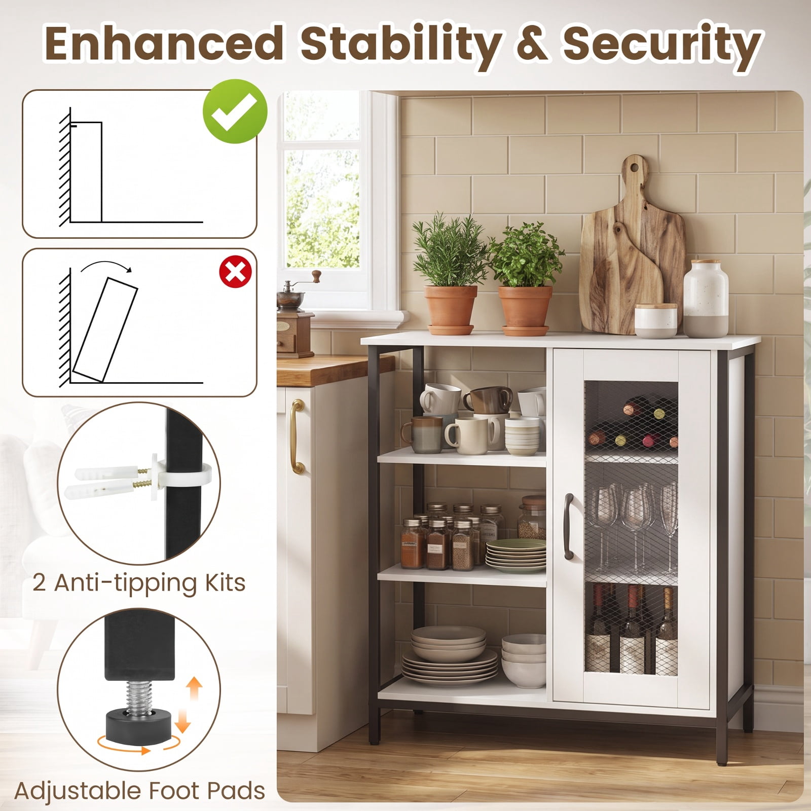 Furnibear Industrial Side Cabinet with Metal Mesh Door and 3 Open Shelves Narrow Buffet Sideboard Storage for Kitchen Dining and Living Room, White