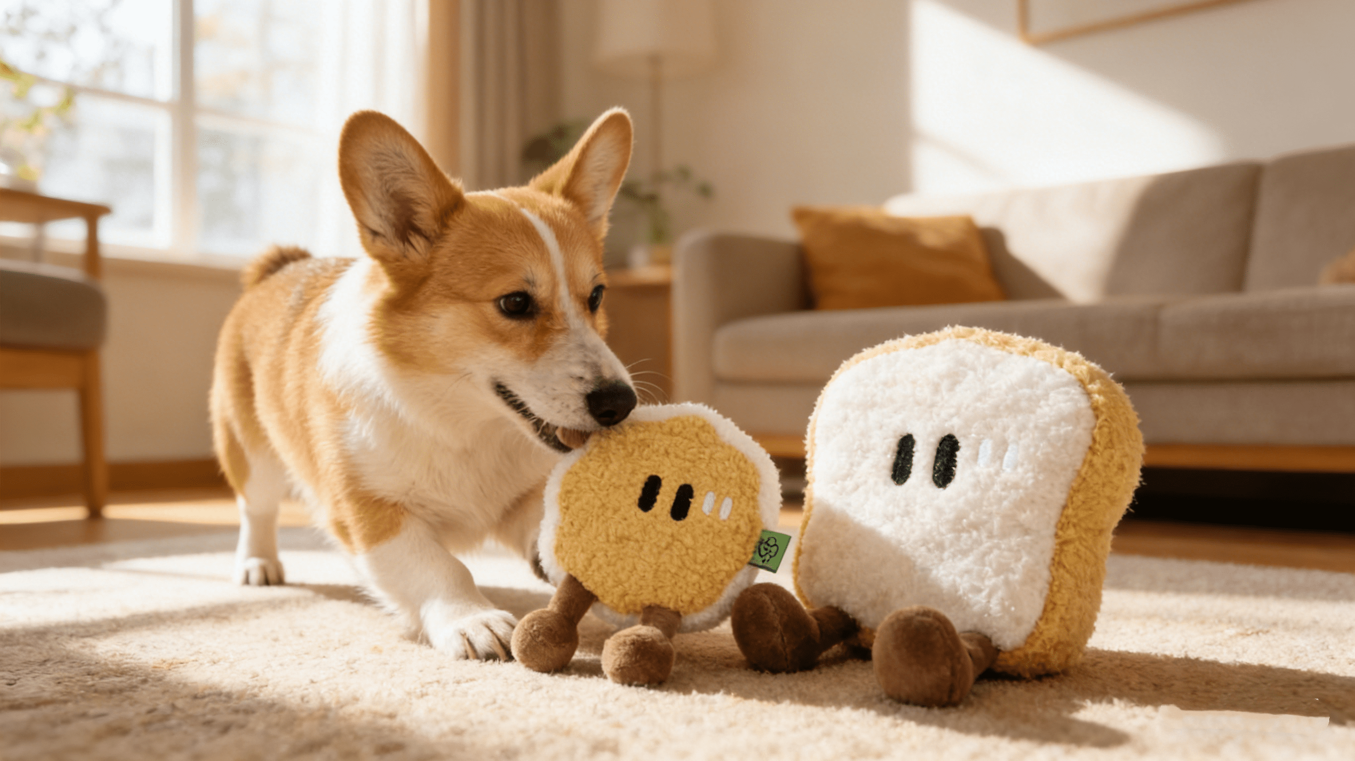 Cute Toast & Fried Egg Plush Dog Toys, Squeaky Interactive Pet Toys for Small Medium Large Dogs, Soft Stuffed Chew Toys for Teething, Durable Washable Puppy Gifts