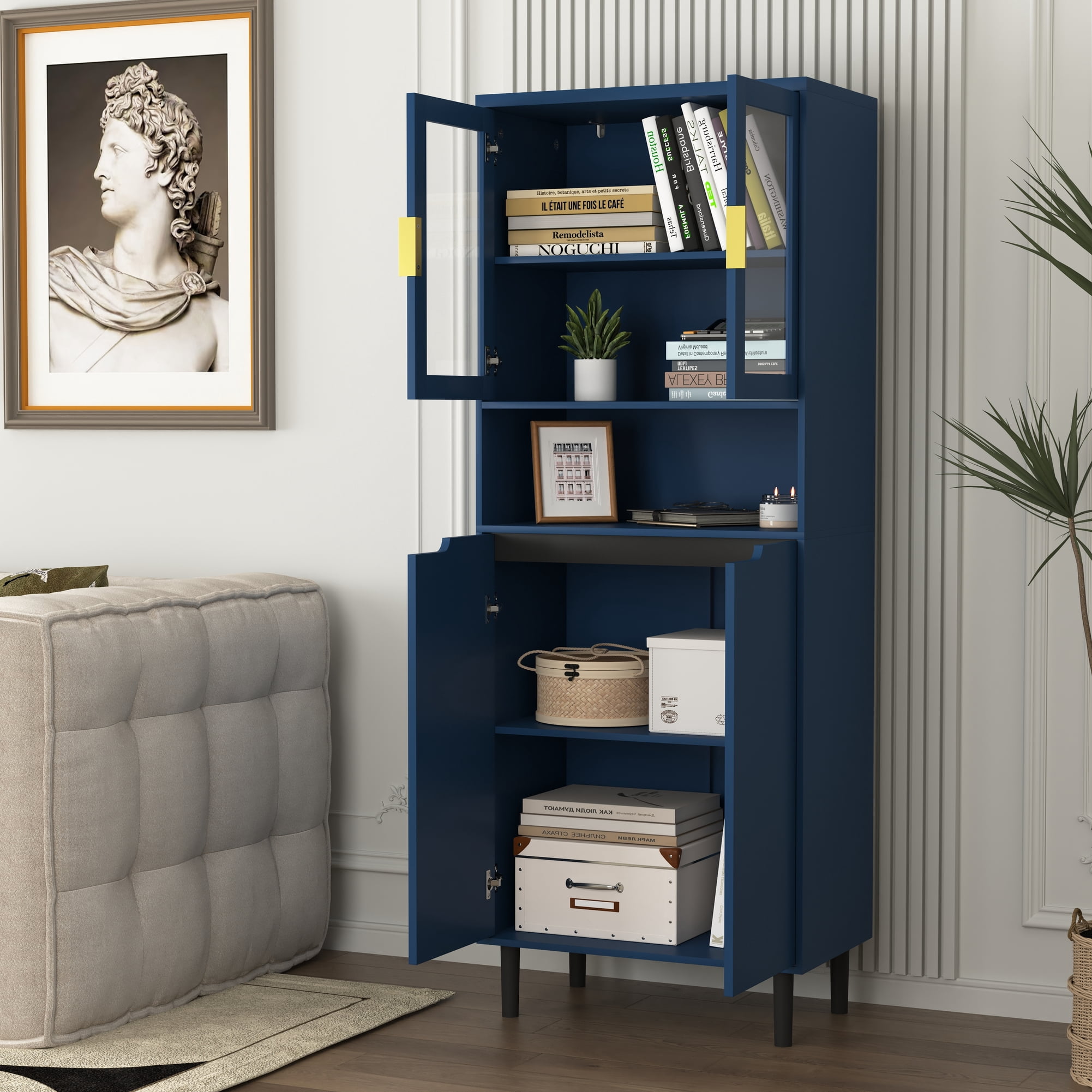Noble House Tall Storage Bookcase Cabinet with Tempered Glass Doors and Adjustable Shelf, Navy Blue