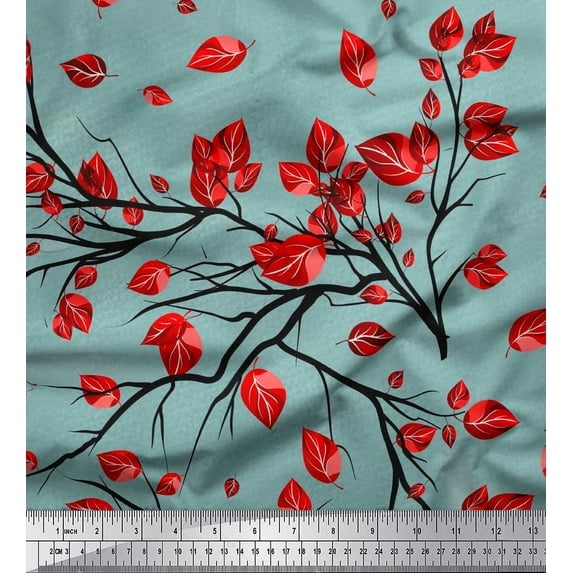 Soimoi Satin Silk Fabric Branch & Leaves Artistic Decor Fabric Printed Yard 42 Inch Wide