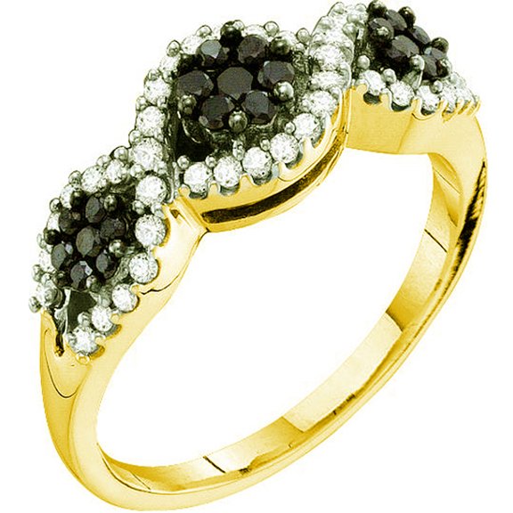 Dazzlingrock Collection 0.50 Carat (ctw) 14k Round Black & White Diamond Ladies Right Hand Cluster Flower Band, Yellow Gold
