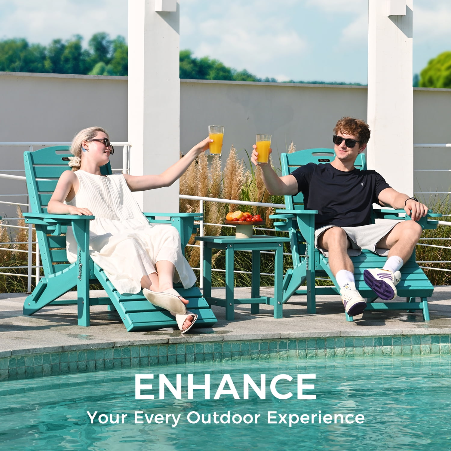 Folding Adirondack Chair with Ottoman Set of 2 HDPE Patio Chair Pull Out Footrest with 2 Cup Holders Garden Lawn Lake Blue
