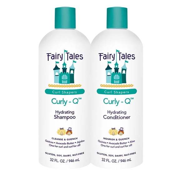 Fairy Tales Curly-Q Champú y acondicionador hidratante diario para niños - Juego de cabello rizado de 32 oz - Sin sulfato de parabeno, sin gluten ni nueces