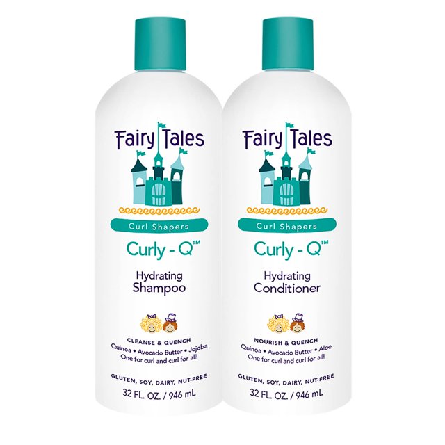 Fairy Tales Curly-Q Champú y acondicionador hidratante diario para niños - Juego de cabello rizado de 32 oz - Sin sulfato de parabeno, sin gluten ni nueces