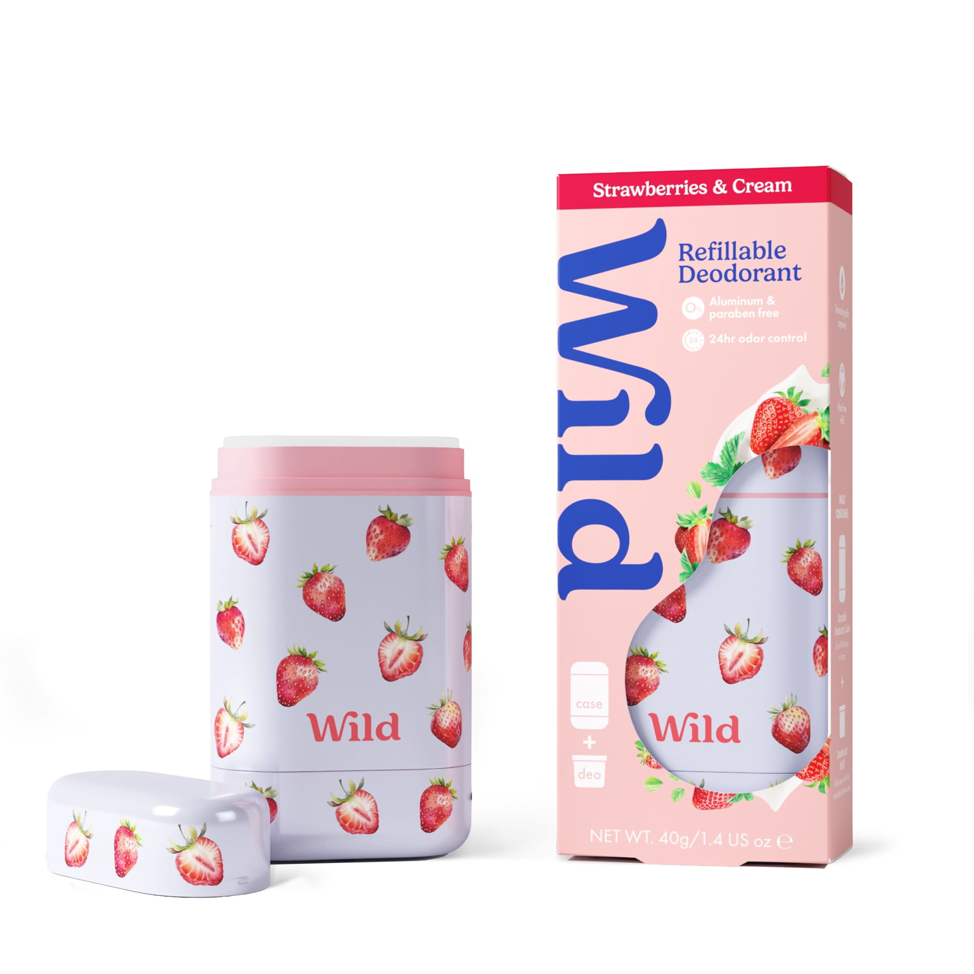 Wild Refillable Deodorant Starter Pack – Aluminum Free. Strawberry Case + Strawberries & Cream Refill, for Women and Men, 1.4oz