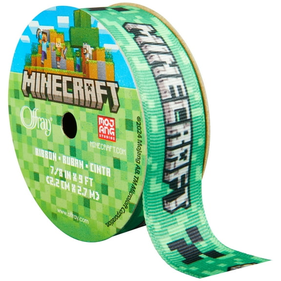 Offray Minecraft grosgrain ribbon, 0.875in x 9ft, for sewing, crafts and gifting