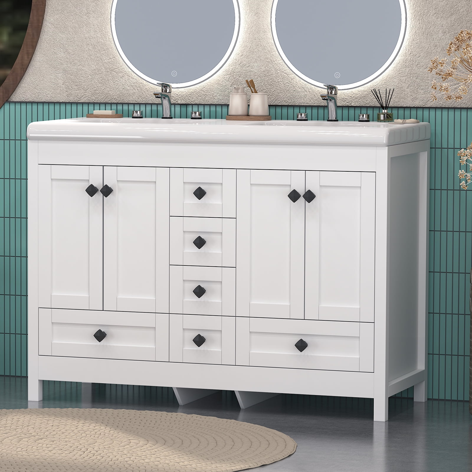 47'' White Bathroom Vanity with Double Ceramic Sink Freestanding Storage Cabinet with 6 Drawers