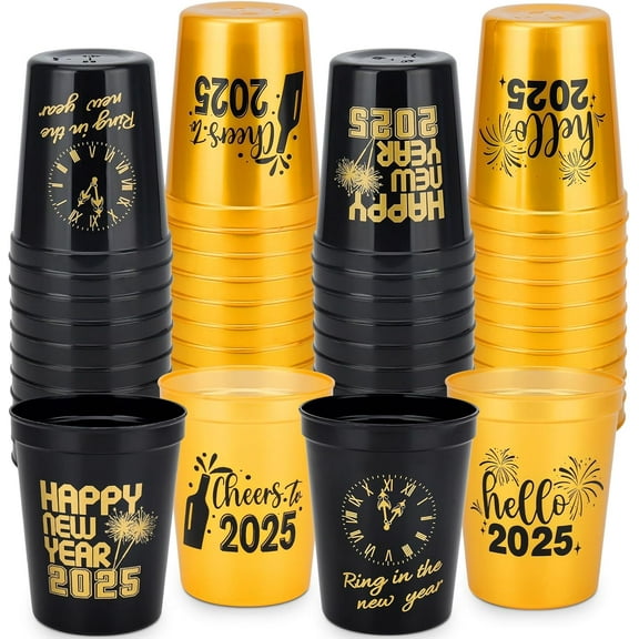 Happy New Year Party Cups - 12 Pack Reusable Tumblers, 12oz Plastic Holiday Stadium Cups, 4 Festive Drinking Pun Designs, Perfect for Happy New Year Eve Party Supplies 2025