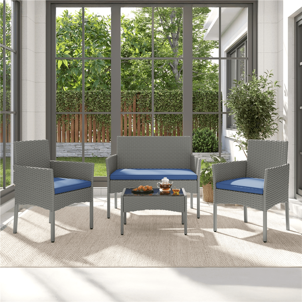 Renwick 4-Piece Outdoor Reception Set with Sofas and Coffee Table, Gray/Dark Blue