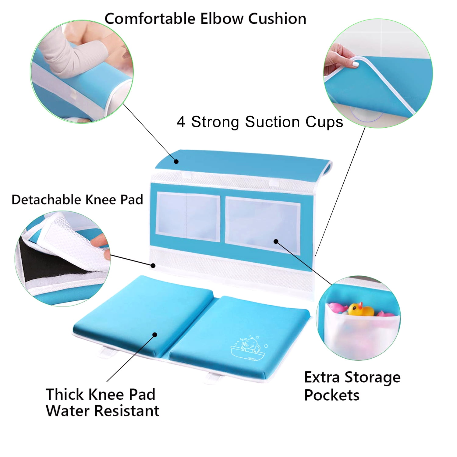 Bath Kneeler and Elbow Rest Pad Set - Bath Kneeling Mat with Toy Organizer - Bath Spout Cover Blue Sea Lions