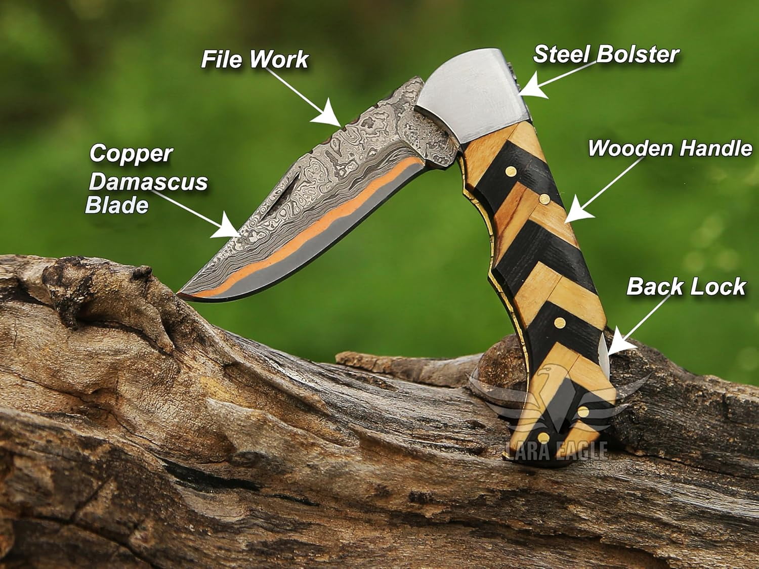 Copper Damascus Pocket Knife – Olive & Black Handle, Folding Tactical Hunting Knife with Sheath & Sharpener – Perfect for Outdoor Use