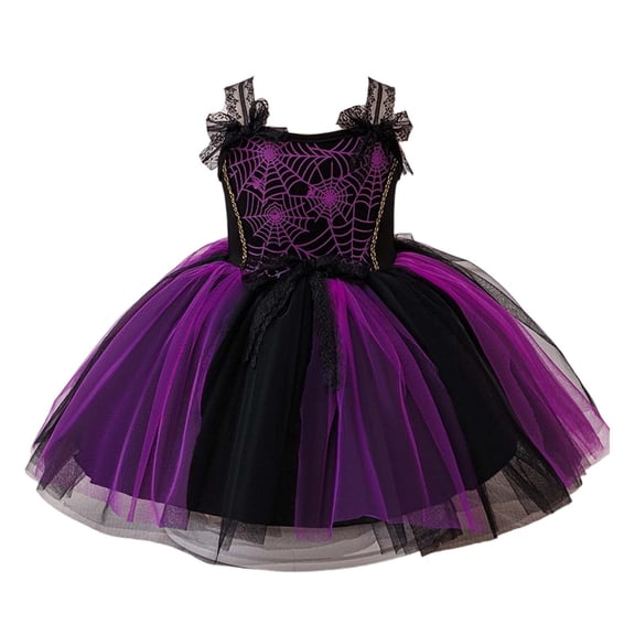 Odeerbi Infant Girls Halloween Princess Dress Lace Bow Cobweb Print Tulle Tutu Dress Party Gown