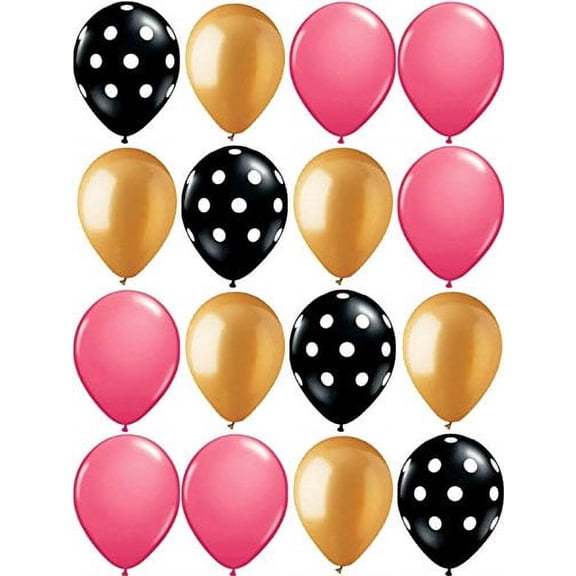 16ct Black & White Polka Dot w/ Gold & Wild Berry Pink 11" Latex Balloons Set