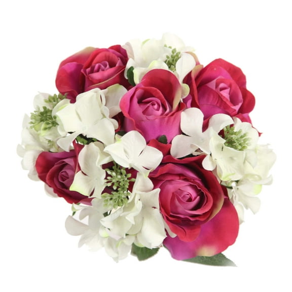Rose & Hydrangea Silk Flower Wedding Bouquet Cream Fuchsia