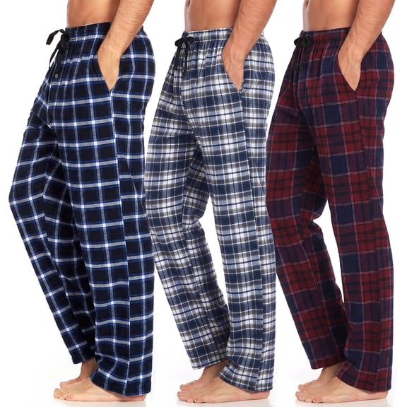 Xidunhg Men's 3-Pack Comfortable Pajama Pants, Cotton Blend Flannel Plaid Sleep and Lounge Bottoms with Pockets