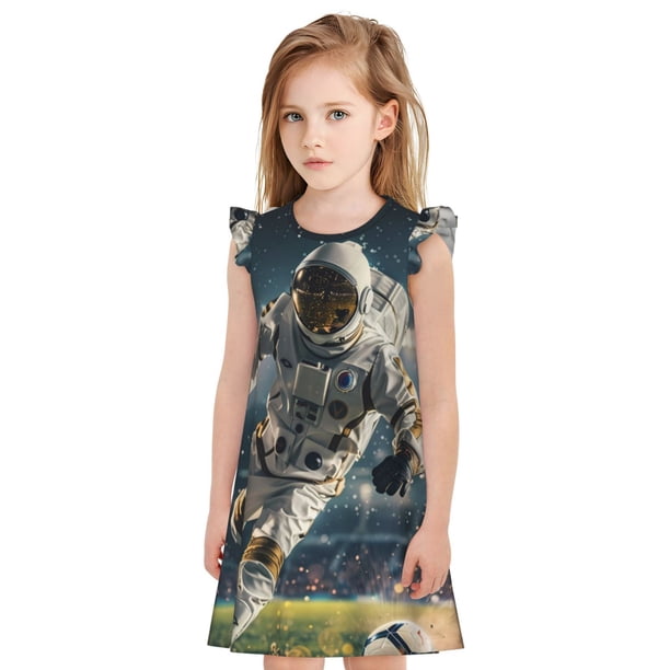 Fotbe Astronaut Soccer Field Vestido de Dormir para Niñas de 3 a 10 Años, Mangas Cortas, Estilo Princesa, Pijama Camisón con Mangas Voladas-X-Large