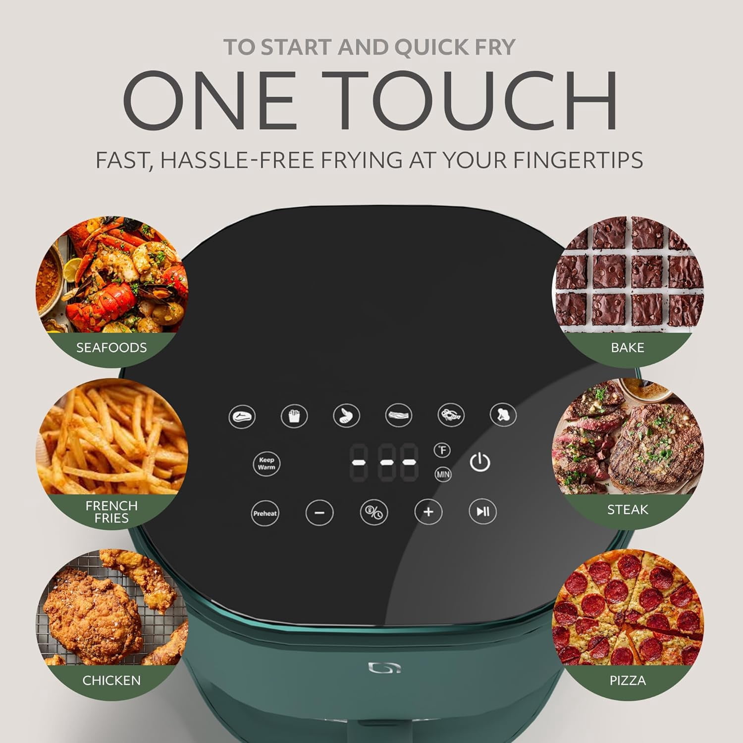 Series 6 in 1 Air Fryer with Glass Basket, 5 Quart Non Toxic Air Fryer w Digital Display, 430 ° F Max Temp, Preheat & Keep Warm Function, Compact + Dishwasher Safe Glass Airfryer - GREEN