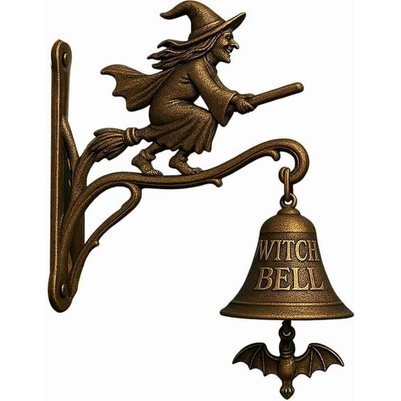 Vintage Witch Doorbell – Cast Iron Halloween Protection Door Hangers Bell with Witch on Broom for Front Door, Porch, Home and Wall Decor