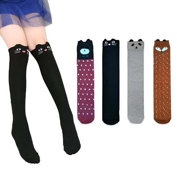 TELOLY 2-12 Years Girls 4 Pairs Knee High Socks Soft Cotton Soccer Socks for Kids Baby, Cat Ears Cartoon Compression Socks Thigh High Socks