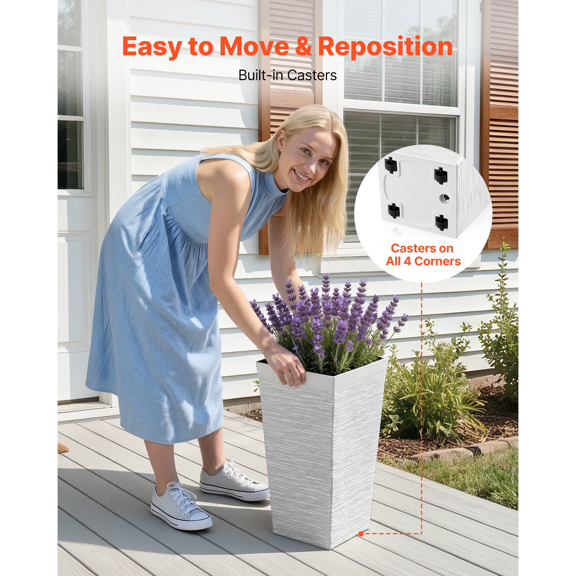 KFFKFF Set of 2 Tall Planters, 23in Large Tapered Pots for Indoor and Outdoor Use, Modern Plastic Flower Containers with Wheels, Inner Pot, and Drainage Holes for Patio, Garden, and Porch, White