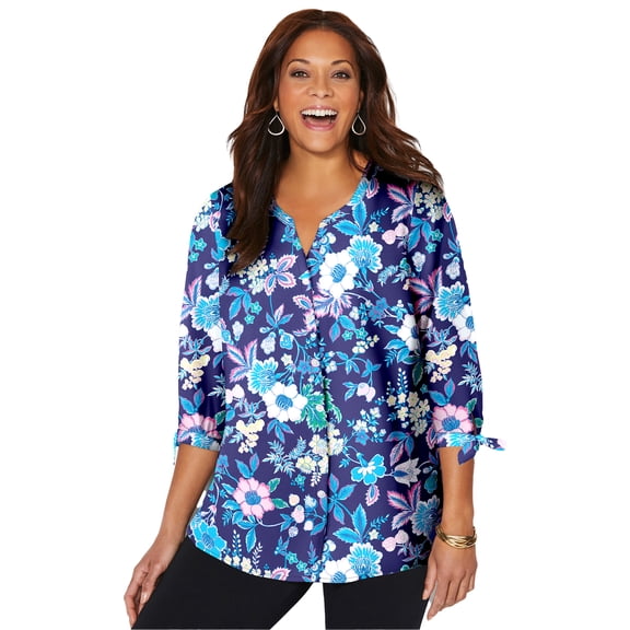 Catherines Georgette Button Down Tie Sleeve Cafe Blouse