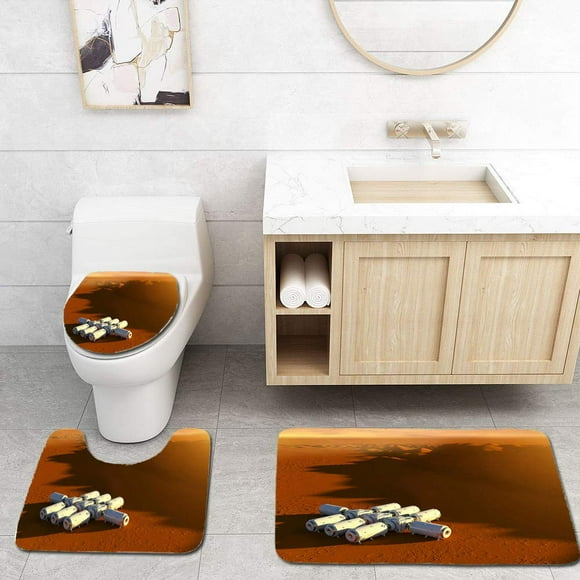 EREHome Mars Exploration Mission Spaceship and modules on red Surface 3 Piece Bathroom Rugs Set Bath Rug Contour Mat and Toilet Lid Cover