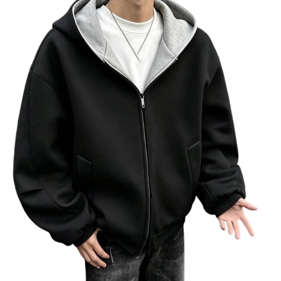 Enjoytime Zip Up Hoodie Men Long Sleeve Solid Color Fleece Hooded Jacket Loose Casual Streetwear Fall Winter Sweatshirt with Pockets
