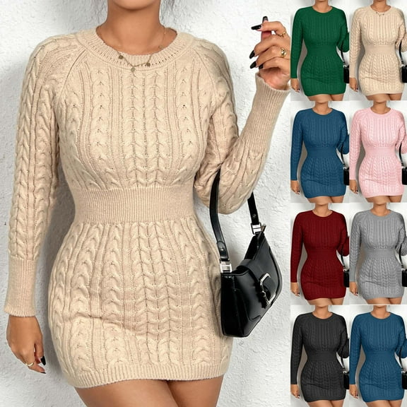 YHAJDS Women's Fall Winter Casual dress,Winter Long Sleeve Midi Dress Women's Dresses Solid Color Round Neck Slim Fitted Knit Sweater Bodycon Dress