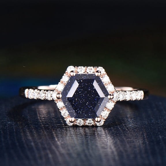 Hexagon Galaxy Blue Sandstone Engagement Ring in 14K Rose Gold Vermeil Diamond Wedding Band For Women