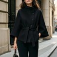 thumbnail image 6 of Miqool Women's Tweed Stand Collar Jacket Button Down Tie Waist Flare Long Sleeve Coat Trendy Casual Office Trench Coat, 6 of 8
