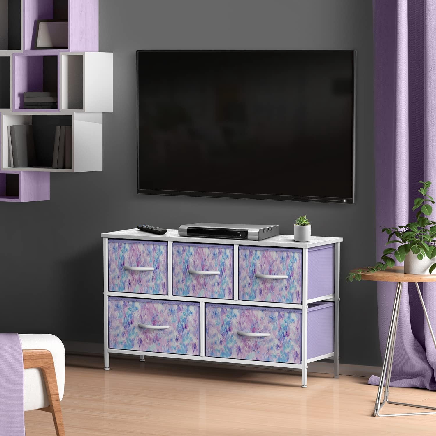 Sorbus 5-Drawer Dresser Storage Chest, Steel Frame, Wood Top, Fabric Bins, Tie-Dye Purple