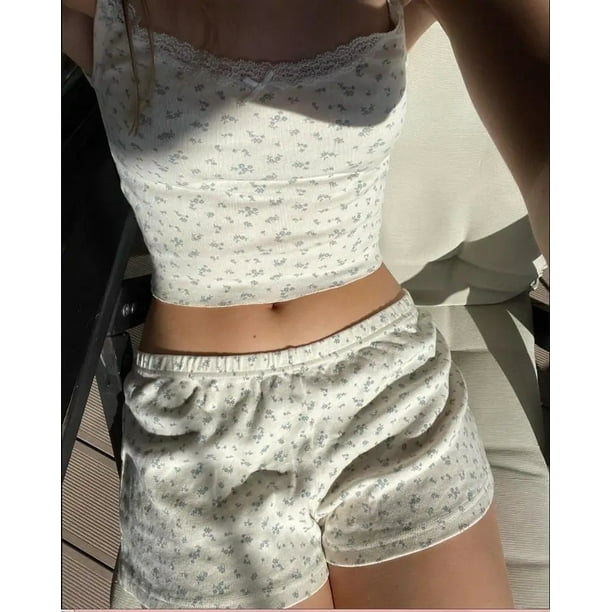 Women's 2 Piece Pajama Set Sleeveless Lace Trim Cami Tops Floral Shorts Sleepwear Outfits 2024