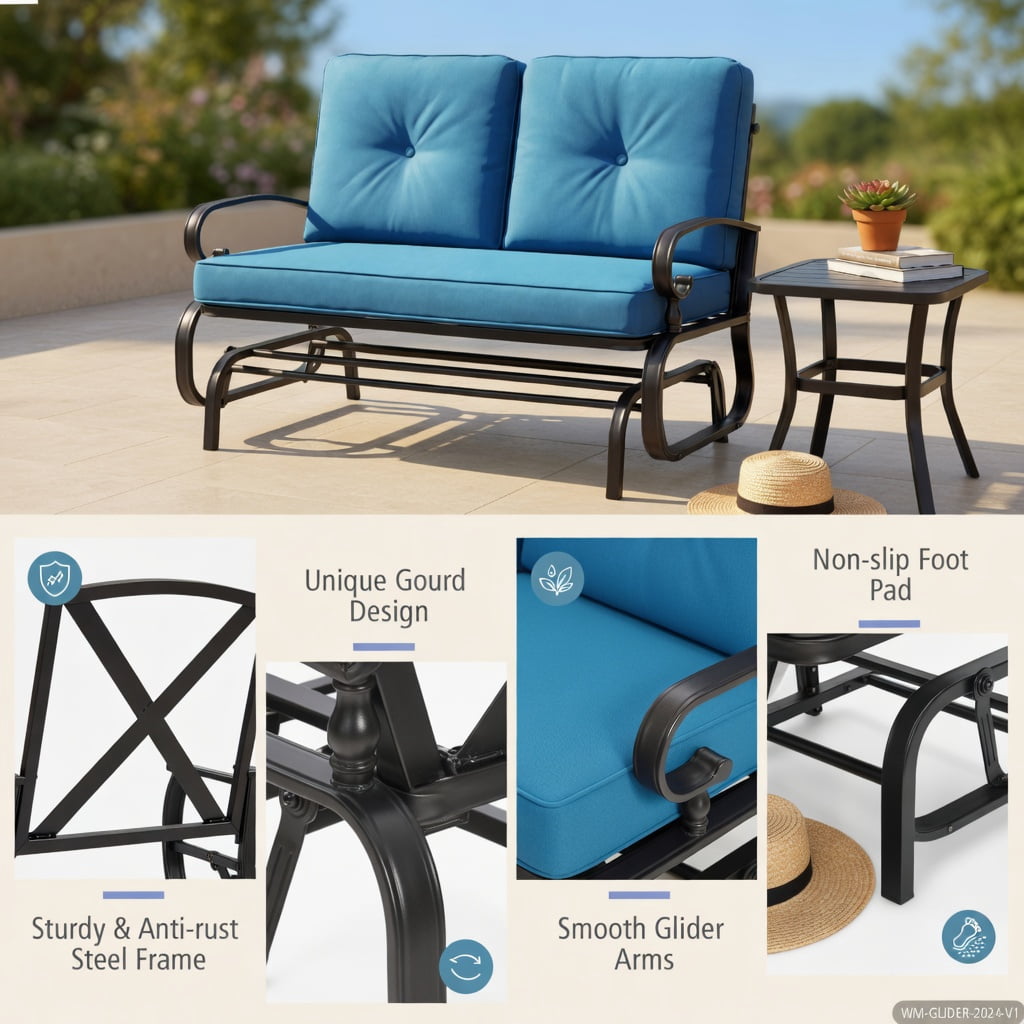 Hommoo 2-Person Outdoor Swing Glider Bench with Plush Olefin Cushions, Rust-Resistant Steel Frame, Gourd-Style Design for Patio, Porch & Backyard, Navy