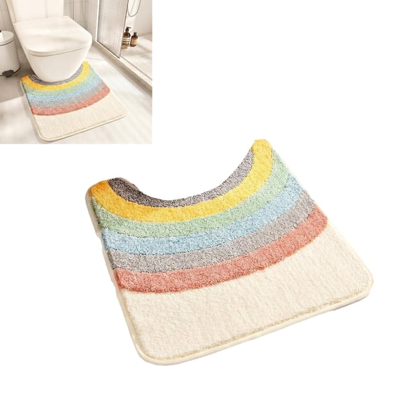 Rainbow U-Shaped Toilet Rug, Microfiber Non Slip Bath Mat for Bathroom, Machine Washable Absorbent Rug for Toilet Base, 20 x 22 Inches