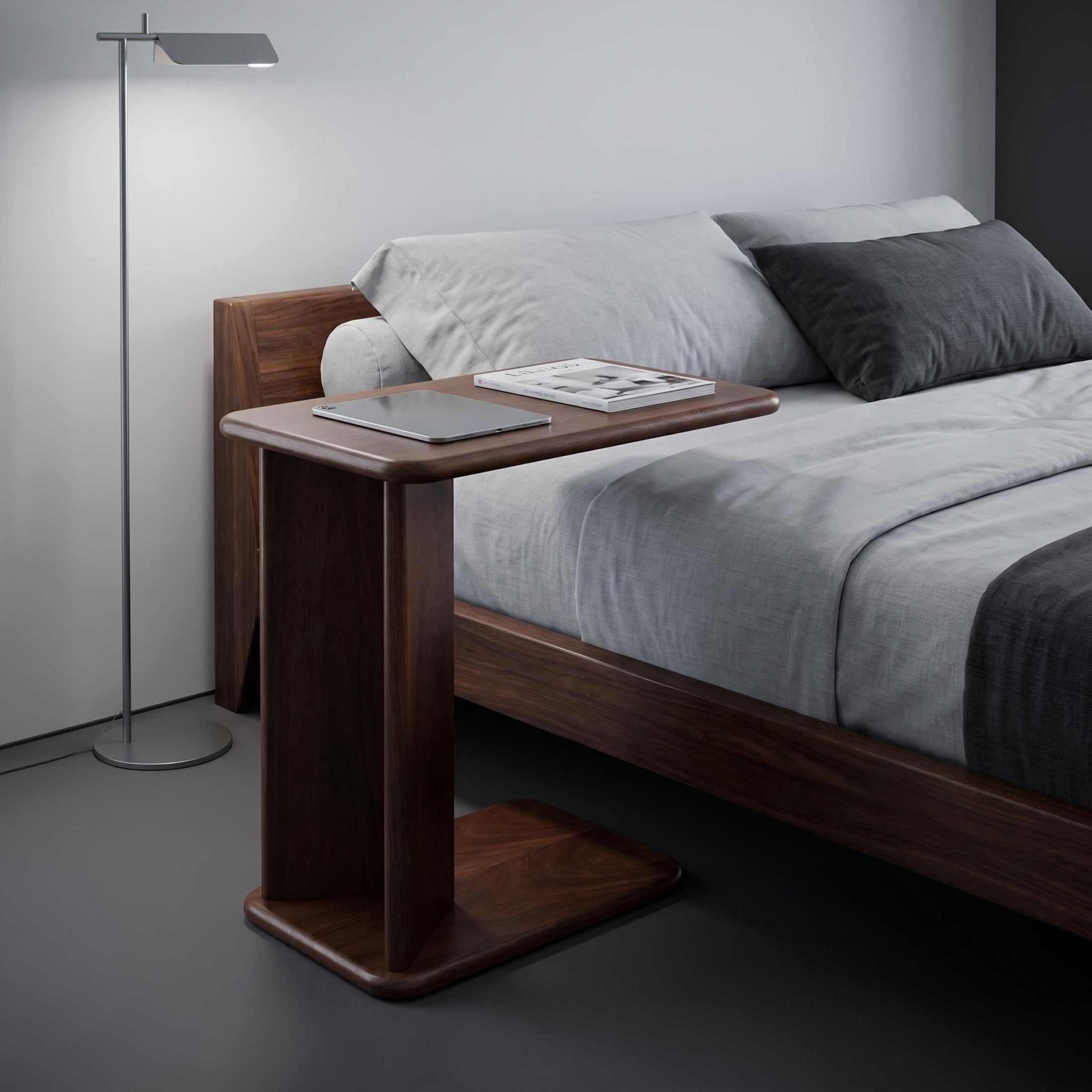 GDF Studio 23.6" Modern C-Shaped Side Table with 2-Tier Storage Shelves, Walnut