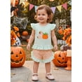 thumbnail image 6 of RUINIXCW Toddler Baby Girl Halloween Outfit Little Baby Girls Summer Fall Clothes Ghost Pumpkin Embroidered Flying Sleeve Ruffled Hem Shirt Tops and Plaid Shorts 2 Piece Set, 6 of 9