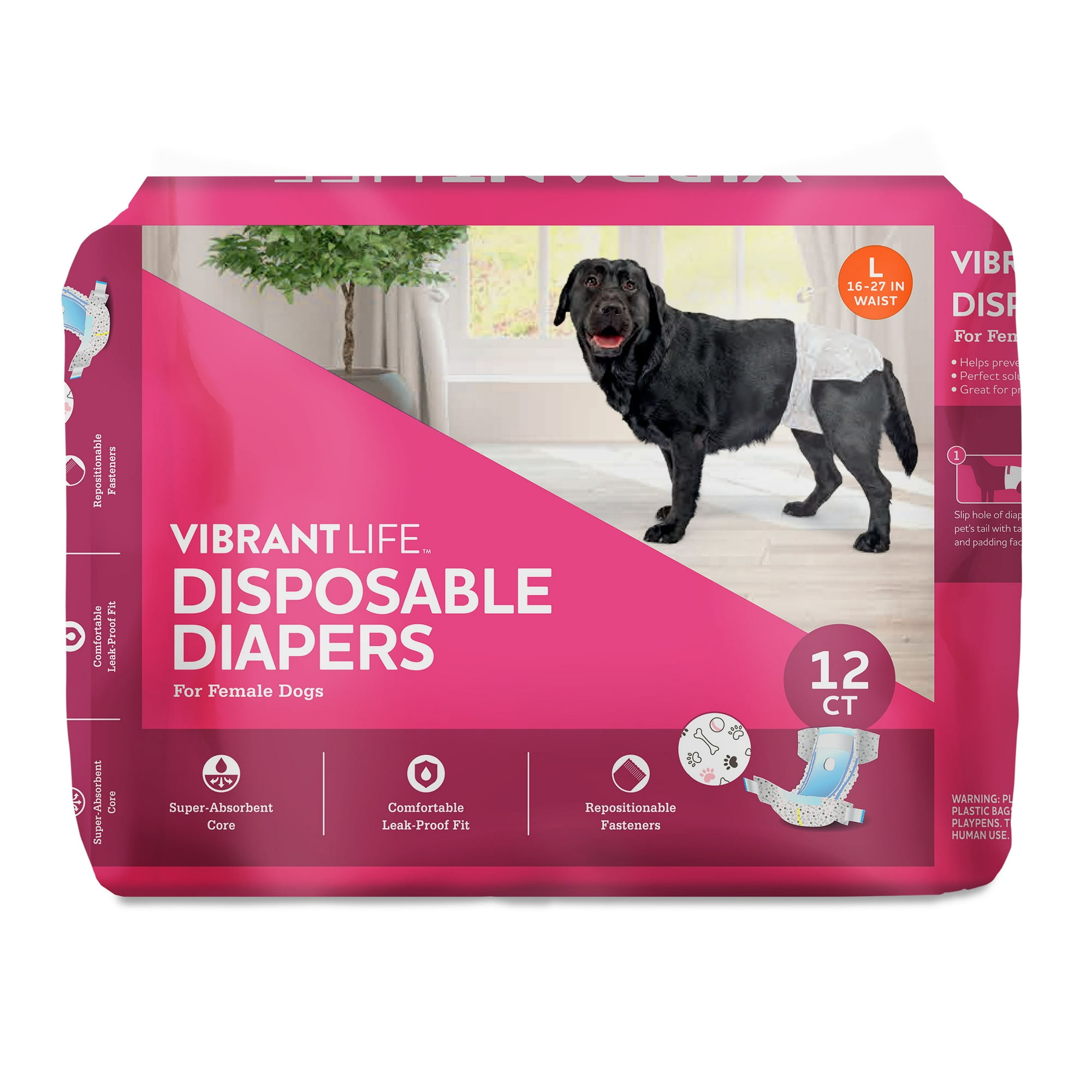 Vibrant Life Disposable Dog Diapers for Female Dogs, Large, 12 Count