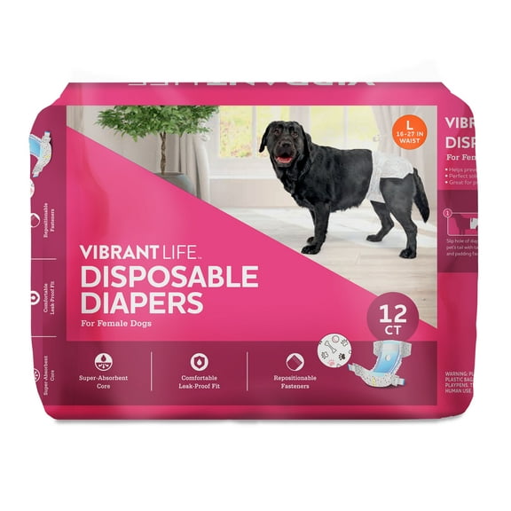 Vibrant Life Disposable Dog Diapers for Female Dogs, L, 12 Count