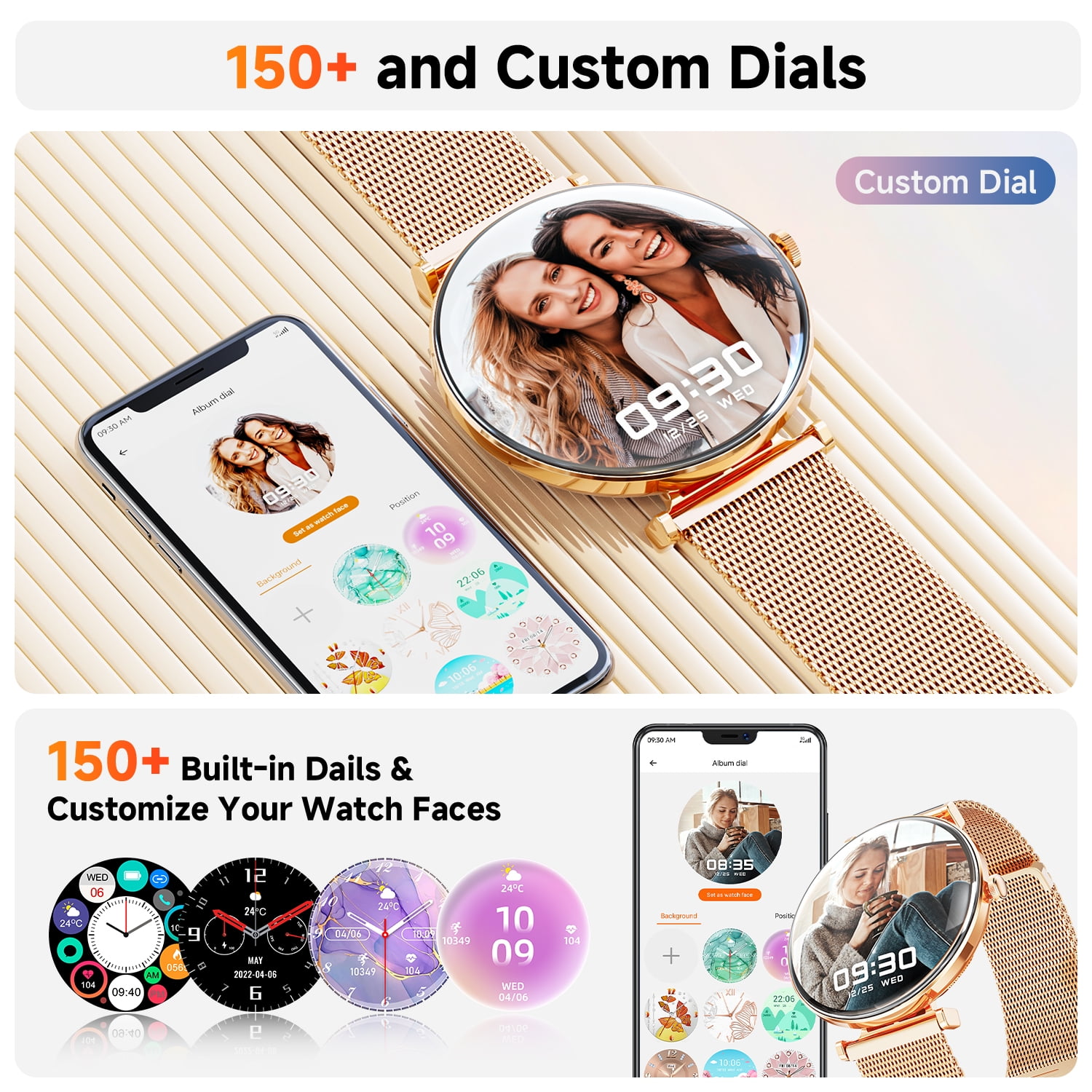 【AMOLED】Mingdaln 42mm Smart Watch for Women, fits for Android and Iphone Devices,with IP68 Waterproof/150+ Sport Modes,perfect gift,2 straps(Gold) 【AMOLED】Mingdaln 42mm Smart Watch for Women, fits for Android and Iphone Devices,with IP68 Waterproof/150+ Sport Modes,perfect gift,2 straps(Gold) - Image 3