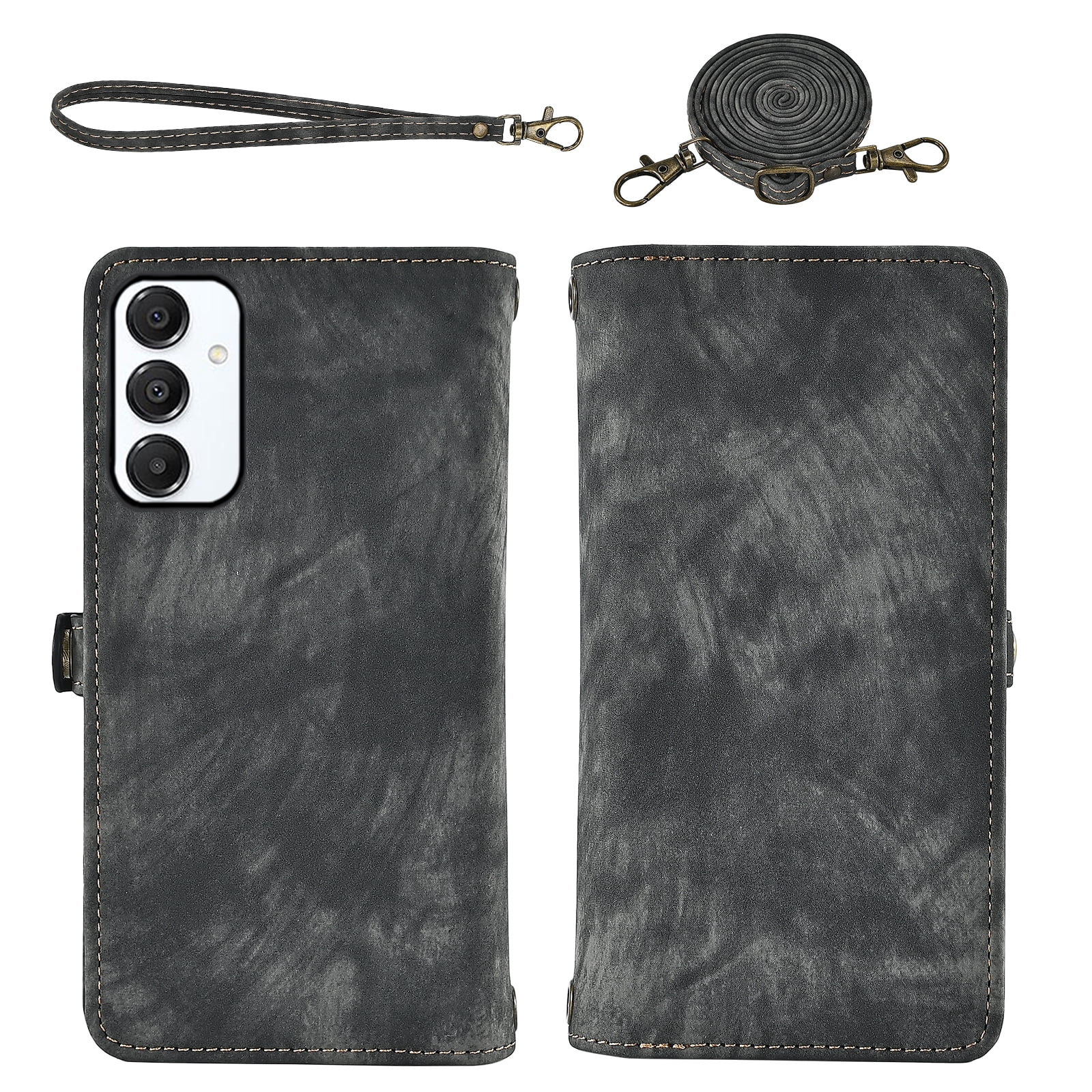 Asuwish Phone Case for Samsung Galaxy A16 5G/4G Zipper Wallet Detachable Cell Cover with Tempered Glass Screen Protector Crossbody Lanyard Strap Flip Card Holder A 16 16A SM-A166U Women Girls Black
