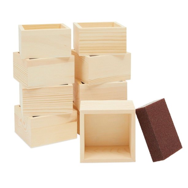 10 Unfinished Small Wooden Boxes for Crafts with 1 Sanding Sponge (4 In