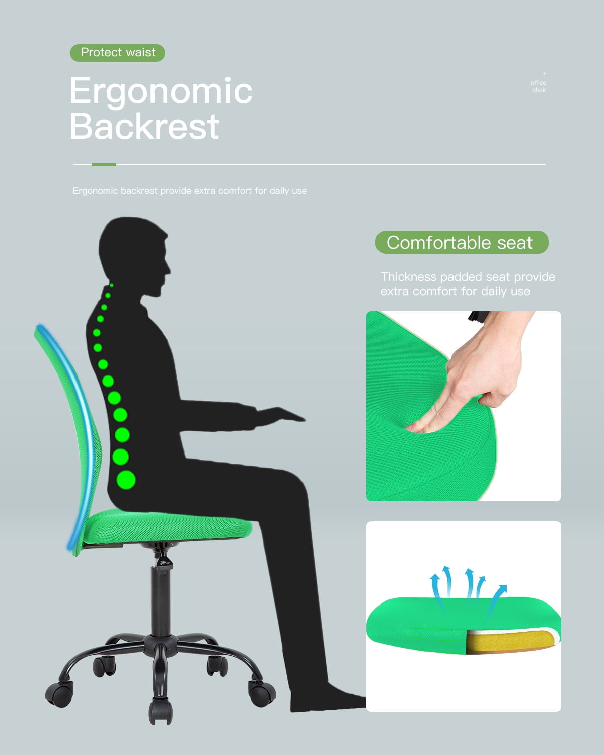 NiamVelo Executive Office Chair Armless Computer Chairs Adjustable Desk Chair with Lumbar Support for Teens Adults, Green