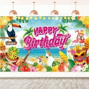 Hawaiian Birthday Backdrop Banner Decorations Aloha Luau Party, Large Summer Happy Birthday Party Supplies for Hawaiian Tiki Beach Pool Party Flamingo Jungle Photography