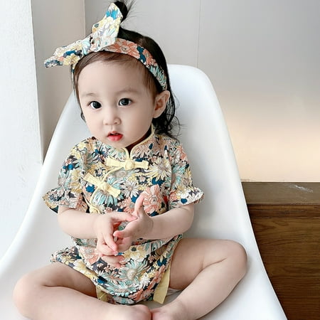 

MyBeauty Baby Romper Floral Print Breathable Loose Baby Girl Summer Romper for Party Yellow 90 cm