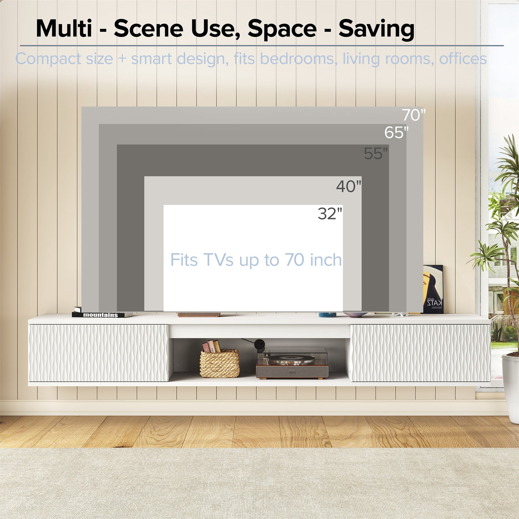 Hommoo Modern LED TV Stand, Rhombus Carved Surface Wall-Mounted TV Cabinet with Double Doors &Open Shelf, Entertainment Center with Storage, White