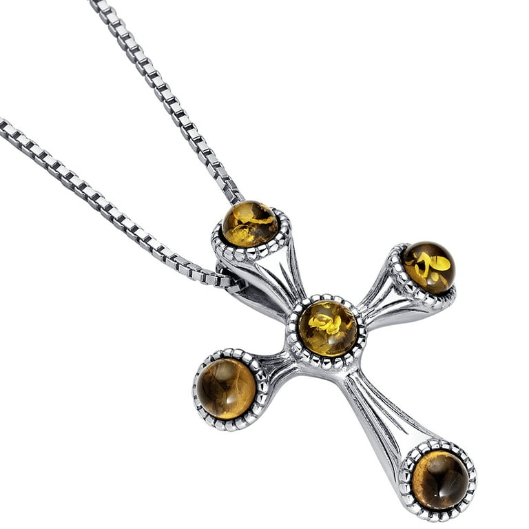 Baltic Amber Cross Pendant Necklace in Sterling Silver 18