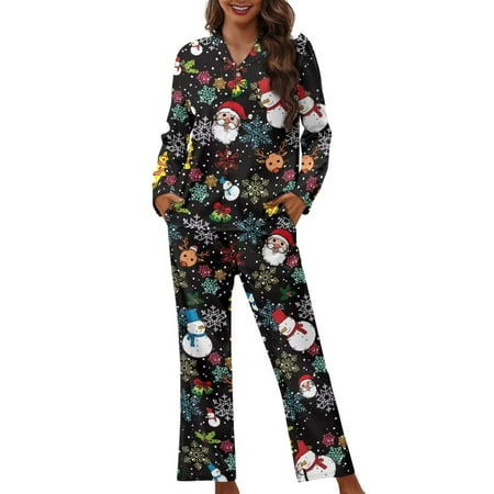 

Renewold Colorful Snowflake Reindeer Pajama Tops Pants with Pockets 2 Pieces Durable Button Sleepwear Lounge Set Women Casual Christmas Long Sleeve Nightwear Size 4XL