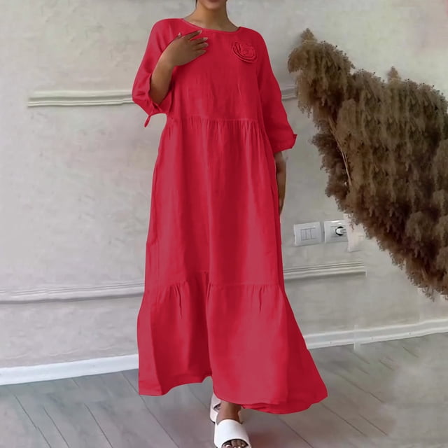 Gspmoly Robes d'Été, Robe à Manches Longues pour Femmes de Printemps et d'Été à Col en V, Unie et en Lin, Décontractée avec Poches, Robes Formelles pour Femmes en Liquidation